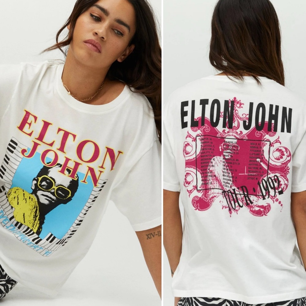 NWOT Daydreamer Elton John Live in Concert 92 Boyfriend Tee in White